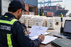 Professional reviewing rice export documentation at a customs office with shipping containers in background