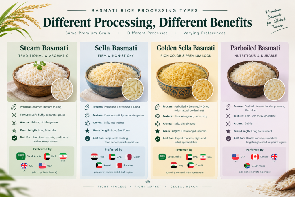 Visual guide to basmati rice processing types showing Steam, Sella, Golden Sella, and Parboiled varieties with processing methods and primary importing country preferences.