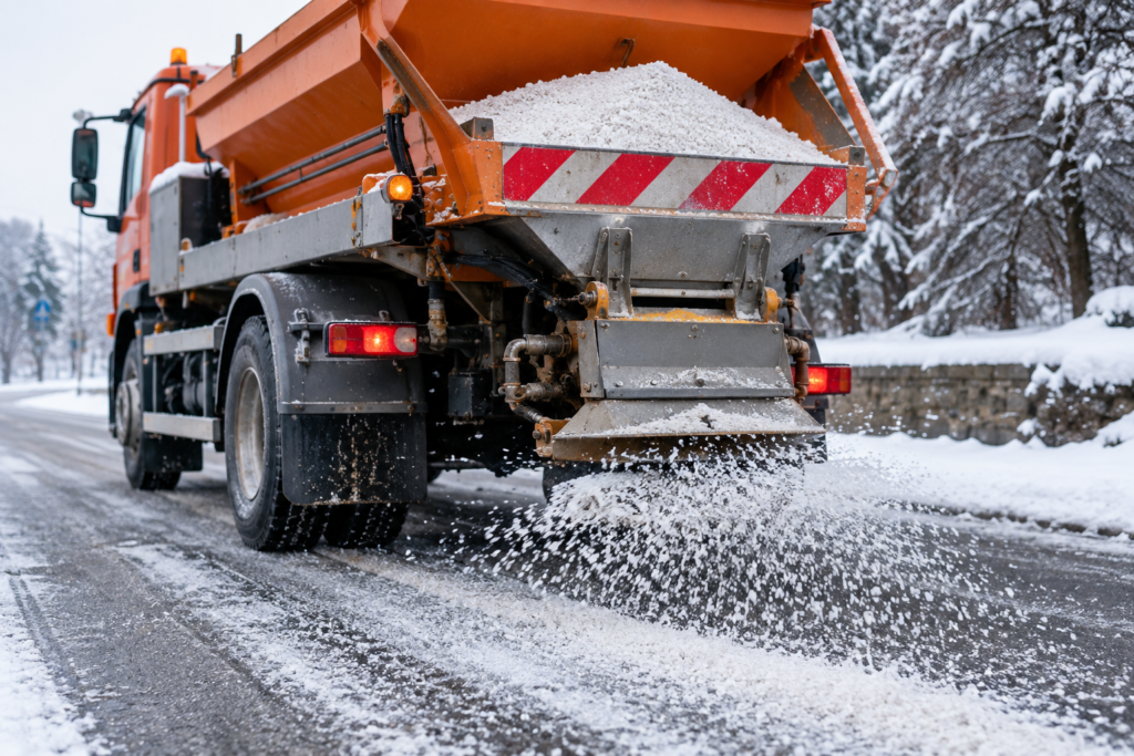 Truck spreading coarse rock salt on an icy road