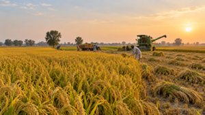 Basmati paddy rice fields in South Asia during harvest season
