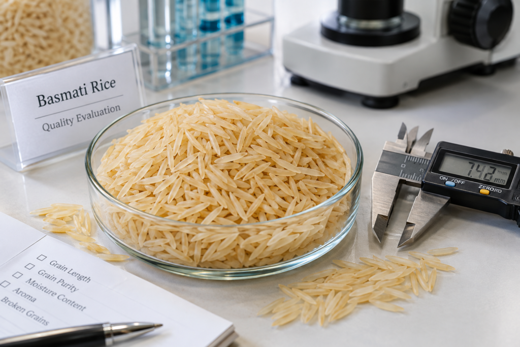 Close-up laboratory view of basmati rice grains with measuring equipment, highlighting grain length and quality assessment