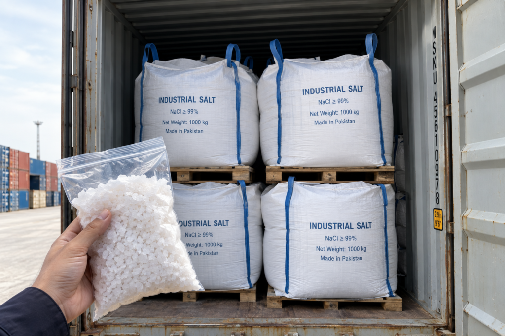 Bulk bags of industrial salt loaded in a shipping container