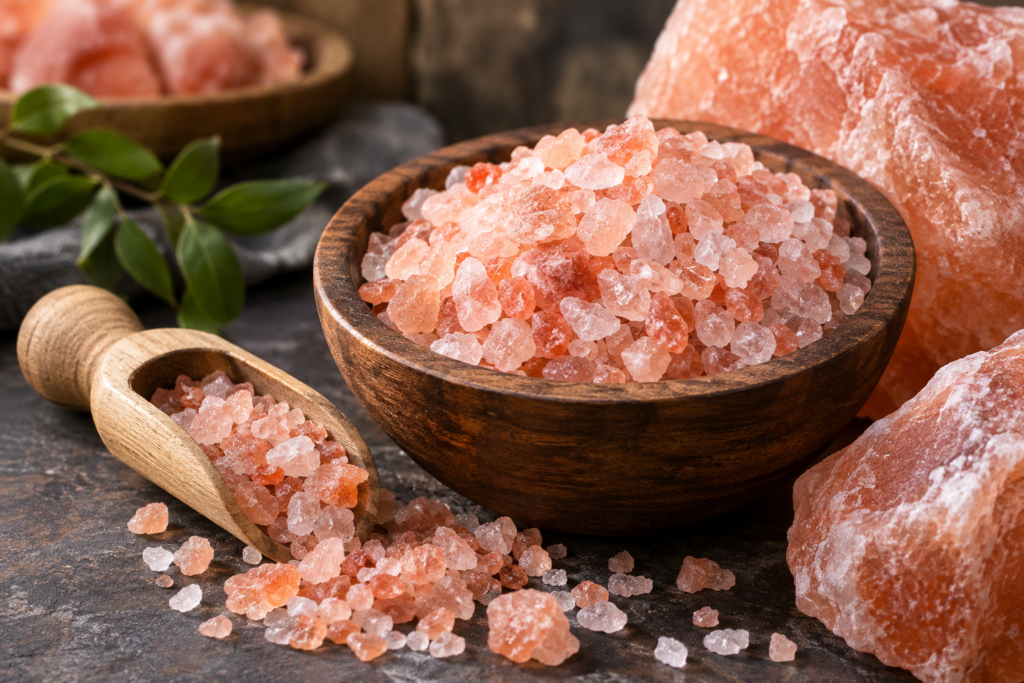 Close-up of Himalayan pink salt crystals showing natural pink and white coloring and mineral-rich texture