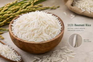 Long-grain basmati rice grains in a bowl showing their characteristic slender extra-long shape