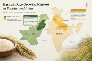 Geographical map showing basmati rice growing regions in Pakistan and India.