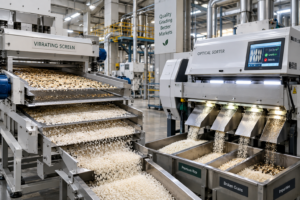 Automated rice grading equipment separating whole and broken grains in a modern milling facility