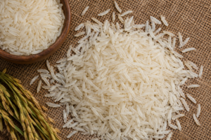 Long-grain basmati rice grains showing extra-long grain length and premium quality