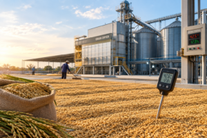 Rice paddy drying in a controlled facility to achieve optimal moisture content before milling.