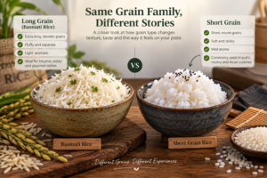 Comparison of cooked long grain and short grain rice showing separation and texture differences