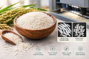 Rice mill quality control technician inspecting basmati rice for grain length and color uniformity