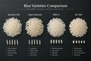 Side-by-side comparison of major Pakistani rice varieties showing grain length and shape differences.