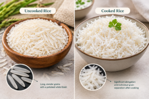 Cooked extra long grain basmati rice showing significant elongation and individual grain separation