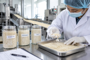 Rice quality inspection and testing in a professional milling and export facility.