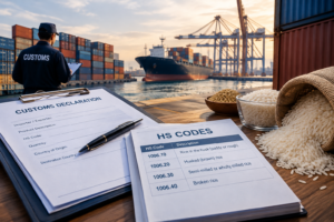 Shipping containers at an international port with customs documentation