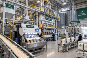 Automated rice grading equipment separating whole and broken grains in a modern milling facility.