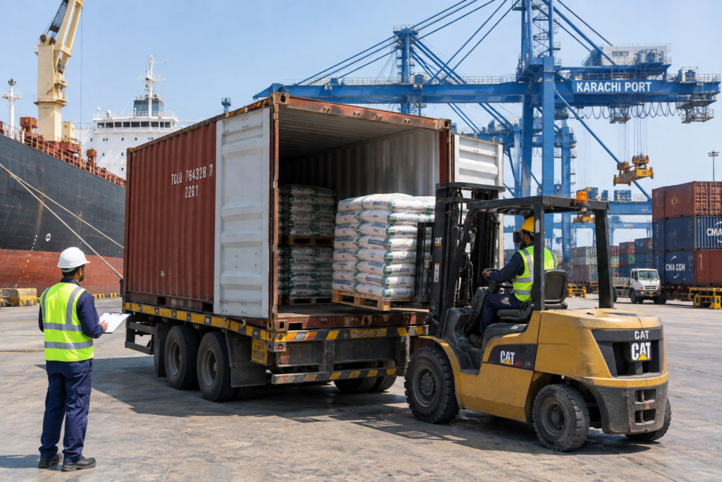 Pakistani short grain rice bags being loaded into an export container at Karachi port for shipment to overseas buyers