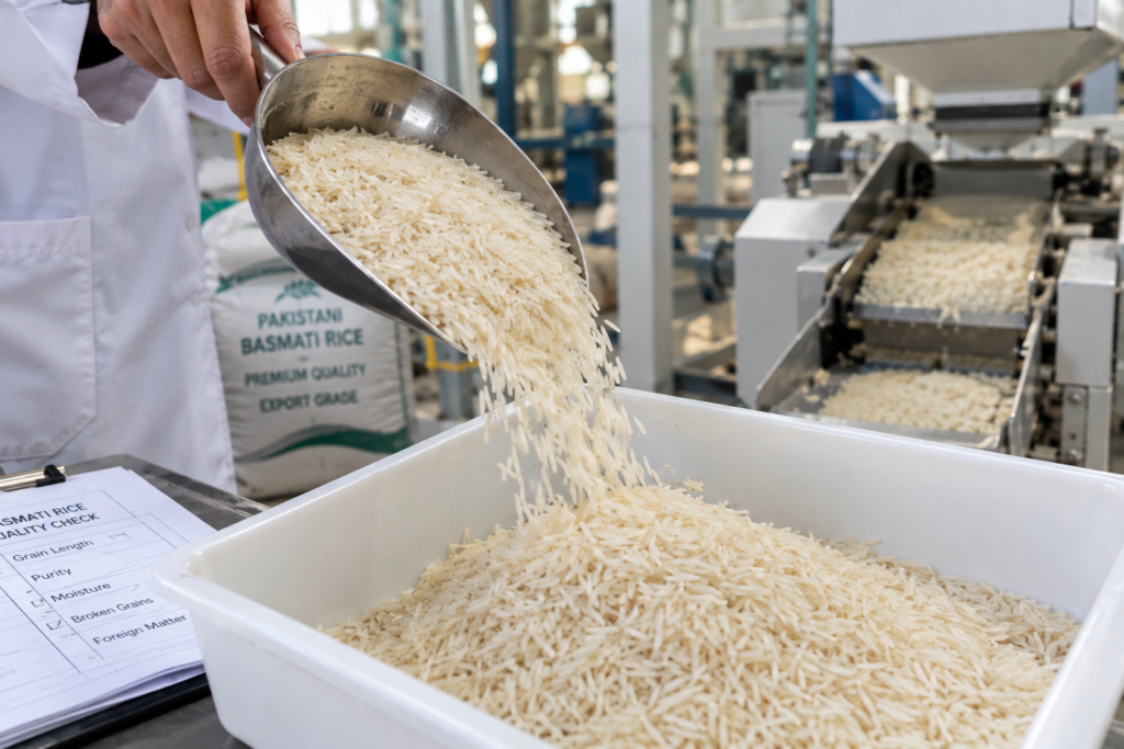 Milled long grain rice from Pakistan being inspected in a processing mill before export