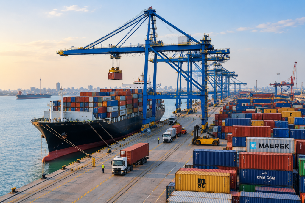 Stacked shipping containers and quay cranes at a container terminal in Pakistan