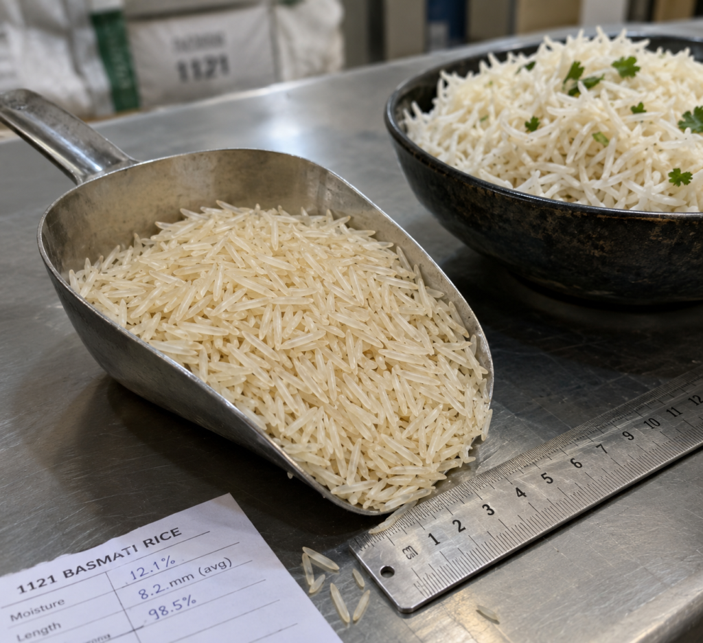 Raw 1121 basmati rice grains measured beside a ruler next to cooked basmati rice