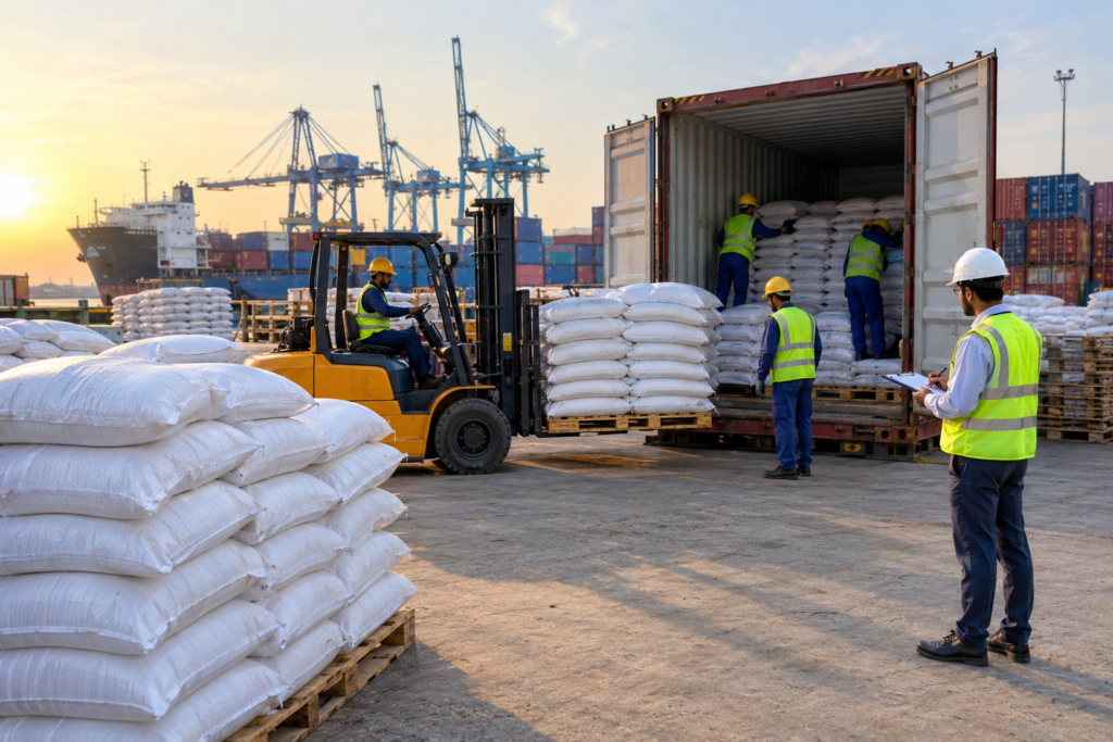 Plain polypropylene rice bags being loaded into a shipping container for Pakistani rice export