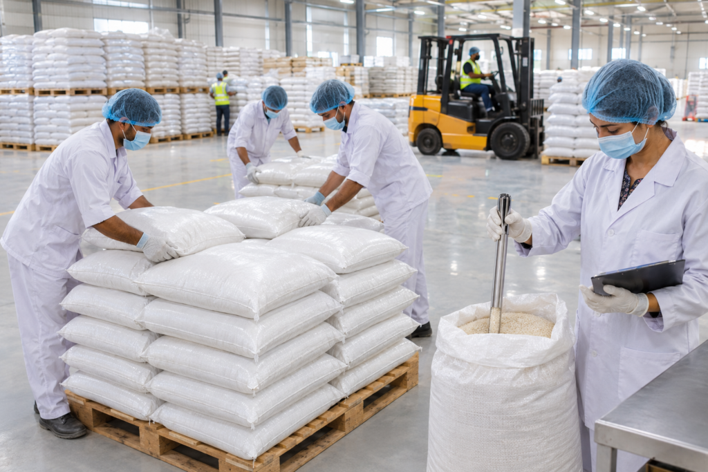 Quality inspector sampling Basmati rice bags in a packing hall during export preparation