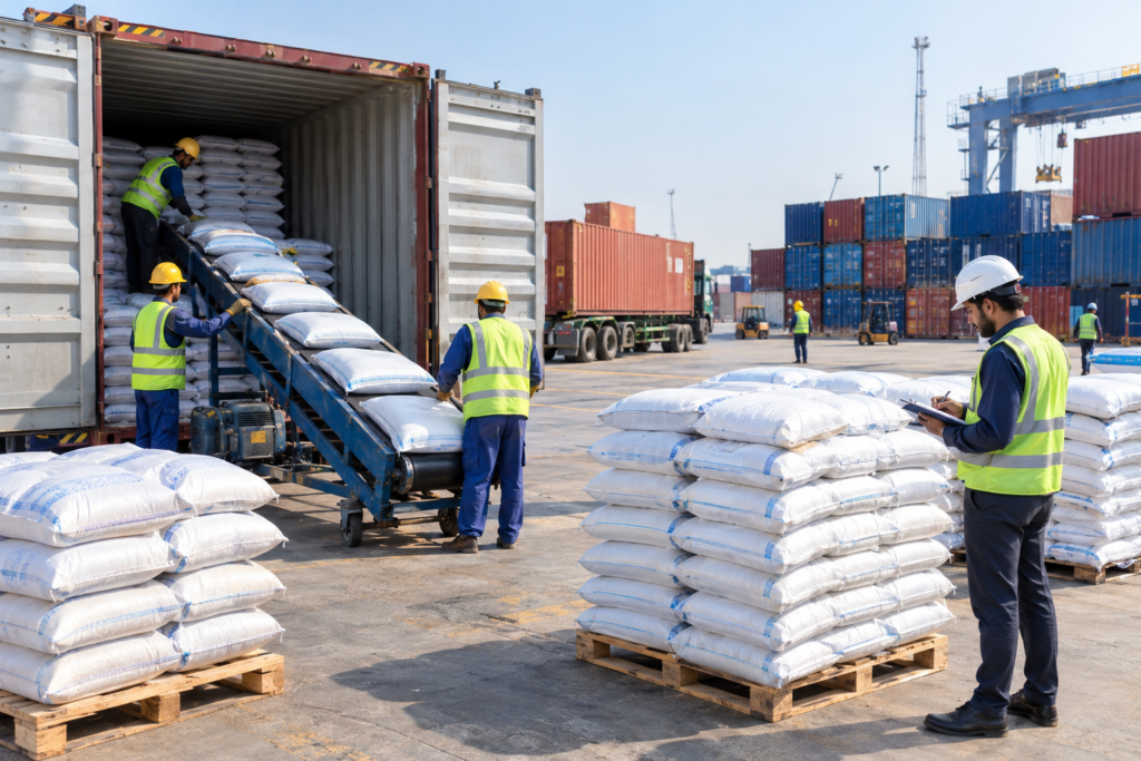 Plain rice sacks being loaded into a shipping container for IRRI-6 rice export from Pakistan