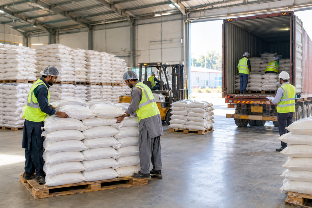 Sacks of rice being loaded into an export container for basmati rice export from Pakistan