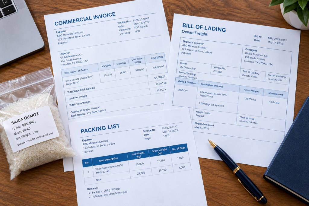 Commercial invoice, packing list and bill of lading laid out for review before an import shipment from Pakistan