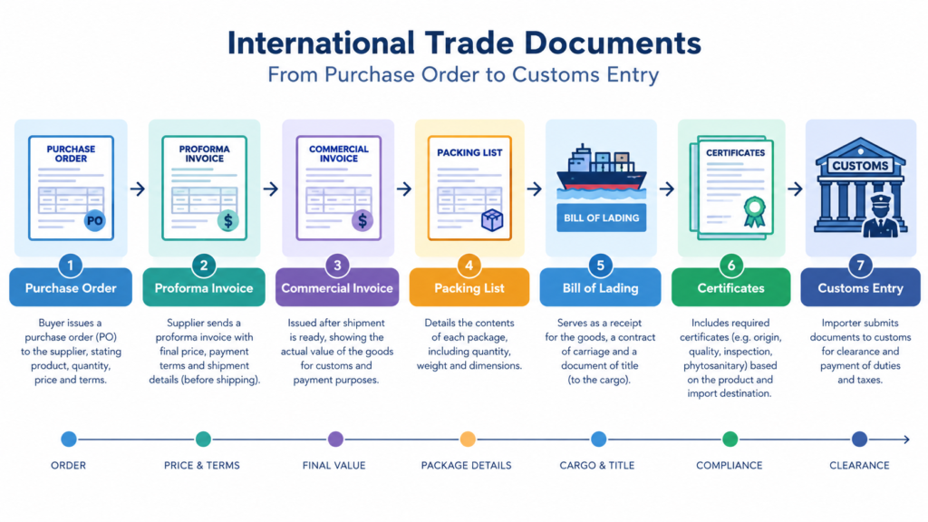 Flow chart showing the order of international trade documents from purchase order to customs entry