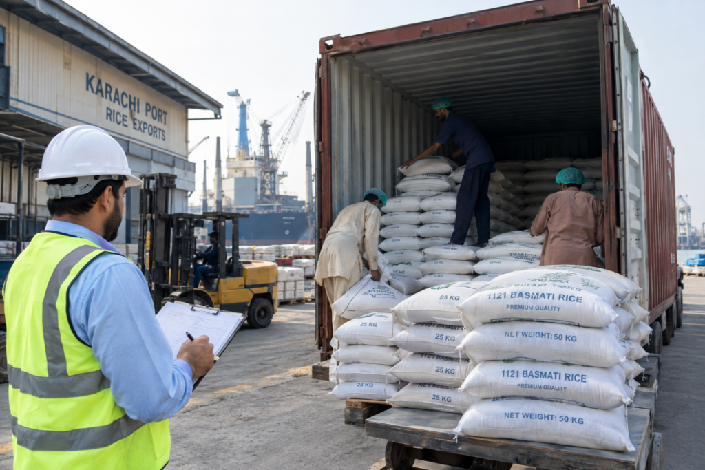 Bags of 1121 basmati rice being loaded into a shipping container for export from Karachi
