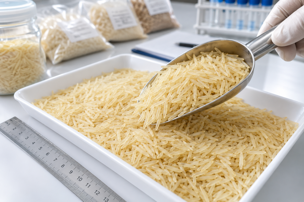 Close-up of golden 1121 Sella basmati rice grains measured against a ruler during quality inspection