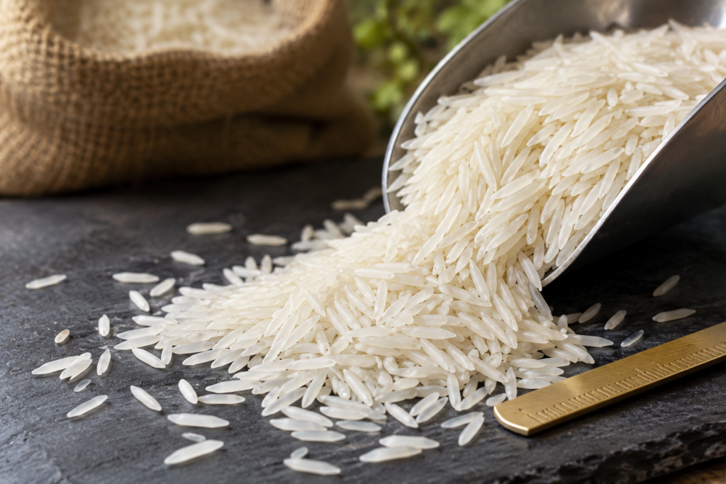 Close-up of long-grain Super Kernel Basmati rice beside a ruler, showing grain length and uniformity