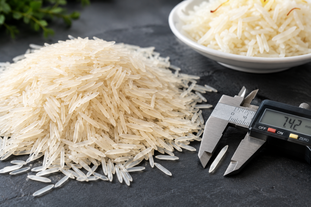 Close-up of raw Basmati long grain rice from Pakistan with a caliper measuring grain length