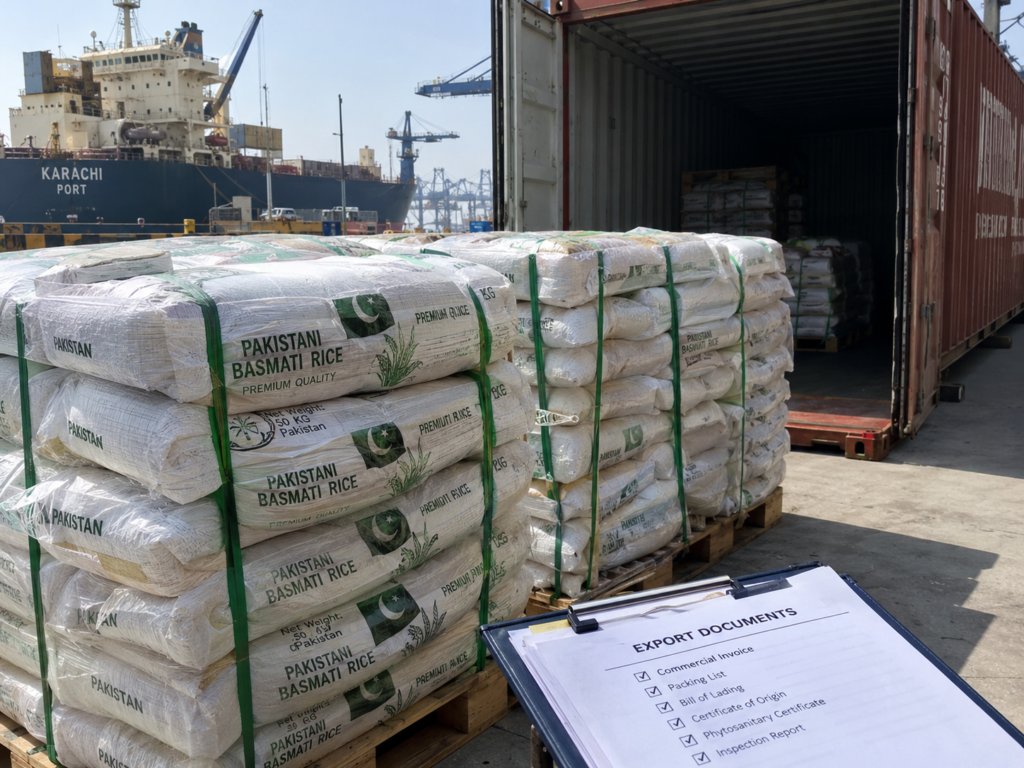 Pallets of packed basmati rice being loaded into an export container at a Pakistani port