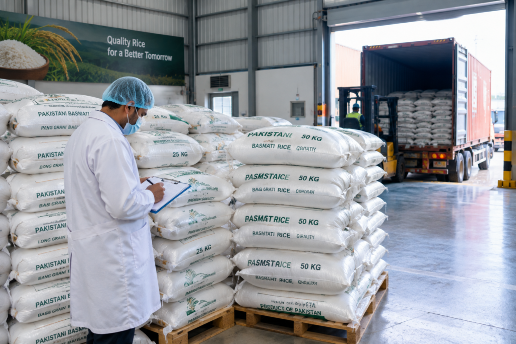 Bagged long grain rice from Pakistan palletised for container shipment at an export warehouse
