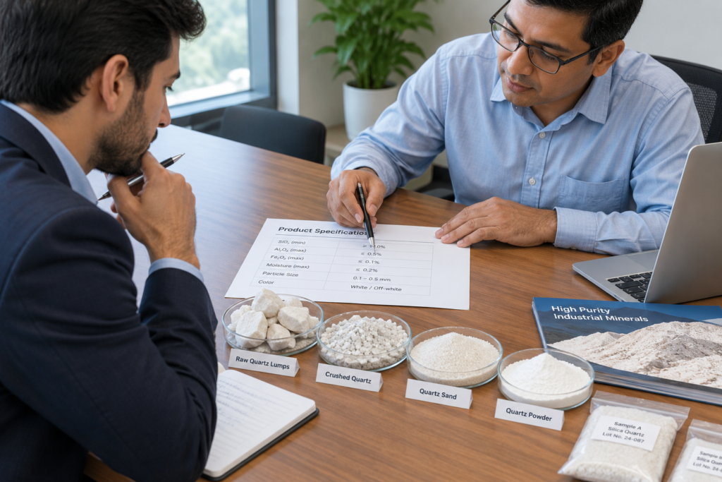 Buyer and trading partner comparing product samples against a written specification