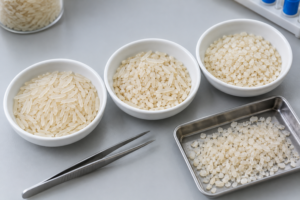 IRRI-6 rice export Pakistan sample dishes showing different broken grain percentages of long grain white rice