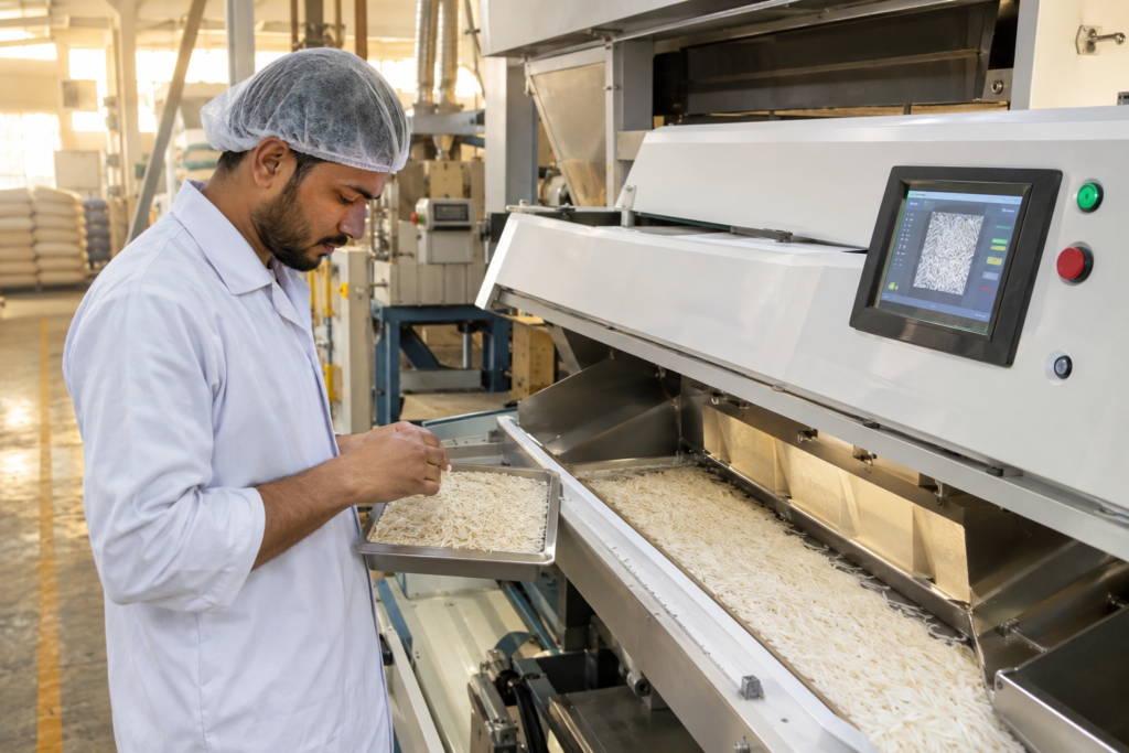 Technician inspecting long-grain basmati rice at an optical color sorter in a Pakistani rice mill