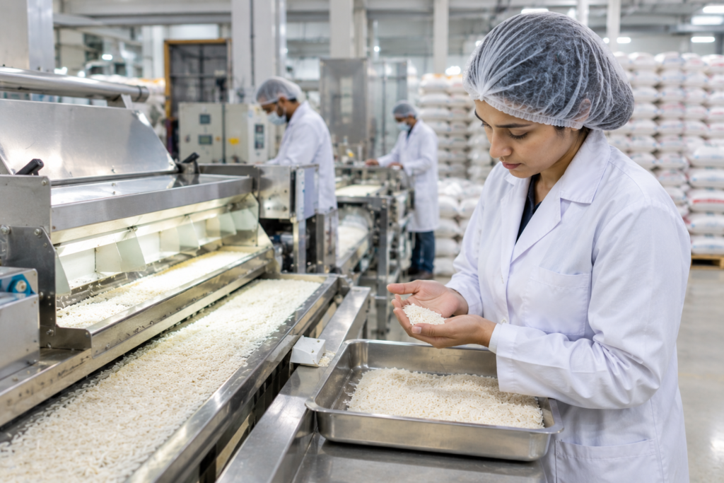 Technician inspecting milled long-grain basmati rice on a sorting line, part of Pakistani rice export quality control