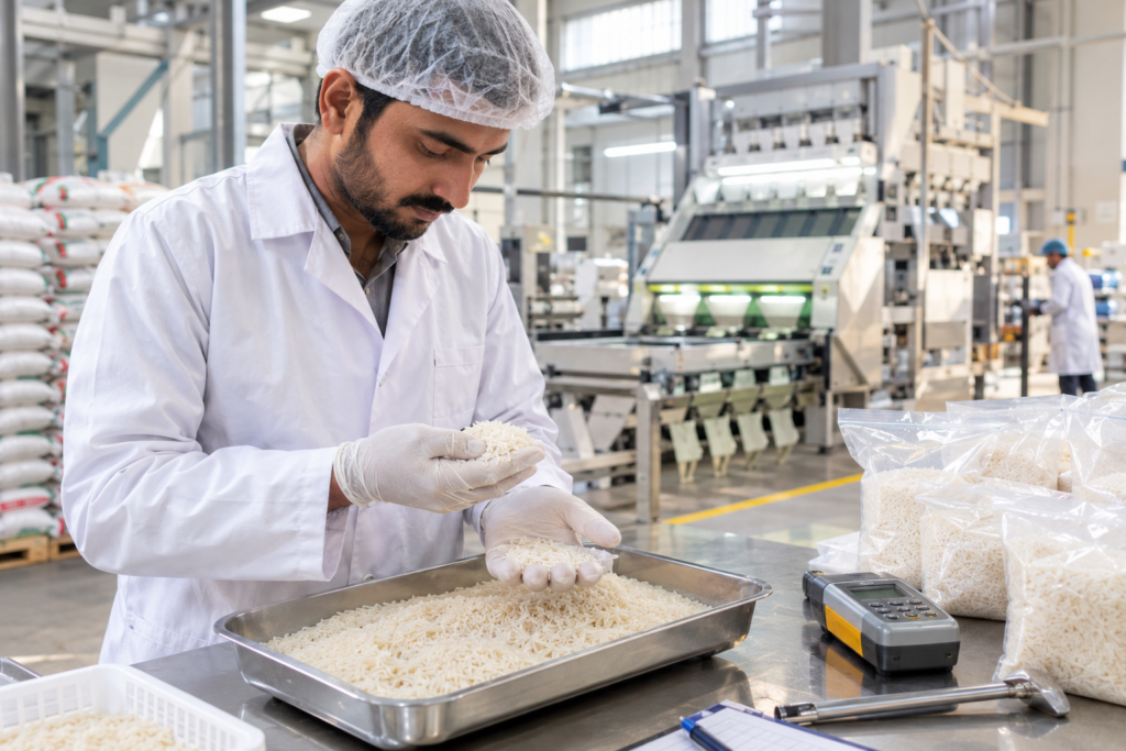 Quality inspector checking long-grain basmati rice samples at a rice mill, a key step when evaluating rice exporters Pakistan buyers work with