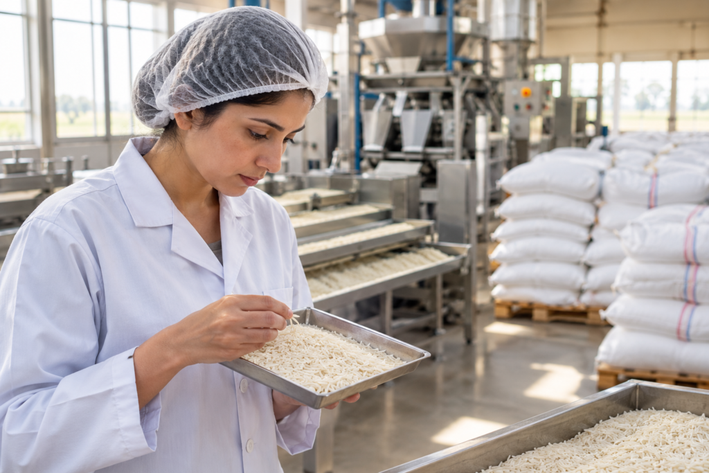 Quality inspector checking basmati grains at a rice mill before export, part of the process to import rice from Pakistan