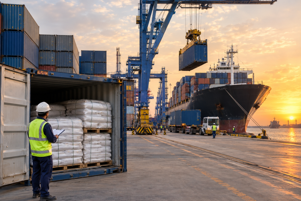 Containers of rice being loaded at a Pakistani port for shipment to buyers who import rice from Pakistan