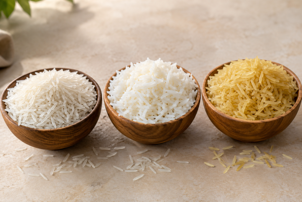 Three bowls of raw, steamed and sella basmati rice from Pakistan shown side by side for comparison