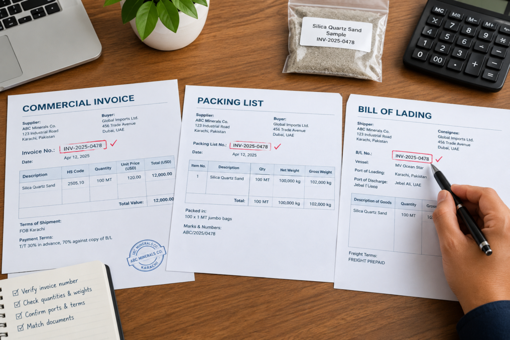 Importer comparing a commercial invoice, packing list and bill of lading before customs clearance