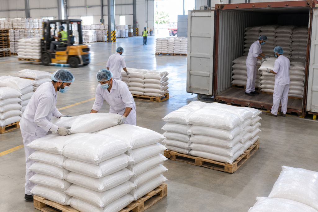 Packed bags of basmati rice being palletised for a bulk container shipment from a Pakistani rice supplier