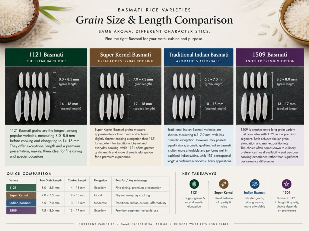 differences between 1121, Super Kernel, and other Basmati varieties.